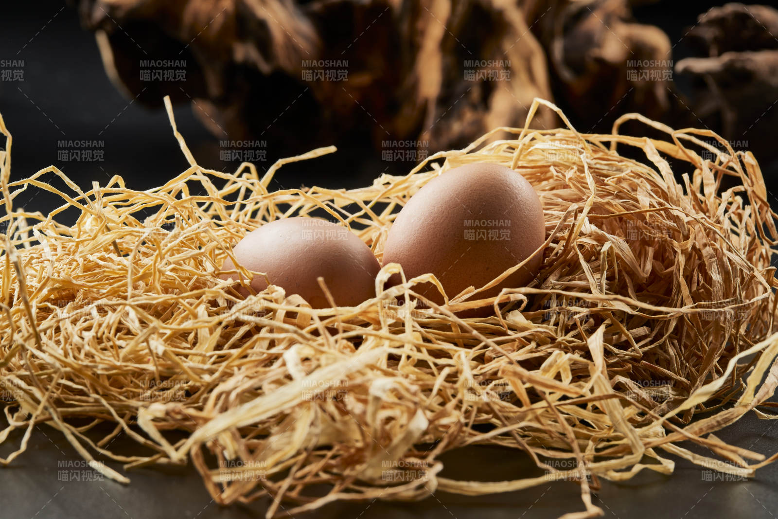 蓼草草团上的两枚营养柴鸡蛋图片