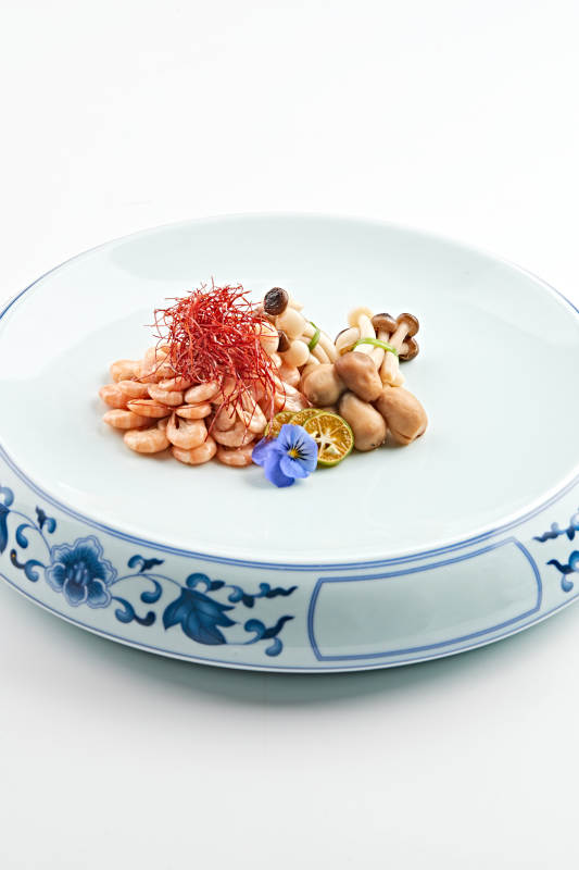 青花瓷盘装的山珍菌配盐水海虾图片