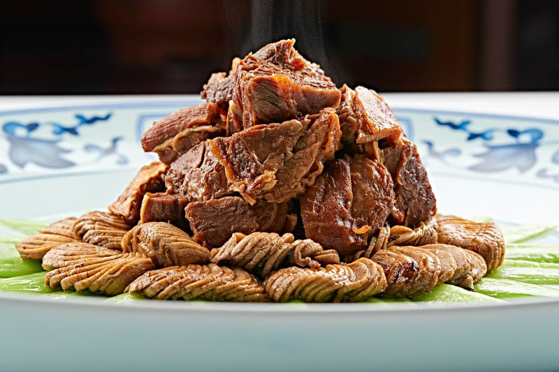 青花瓷盘装的坝上口蘑炖牛腱图片