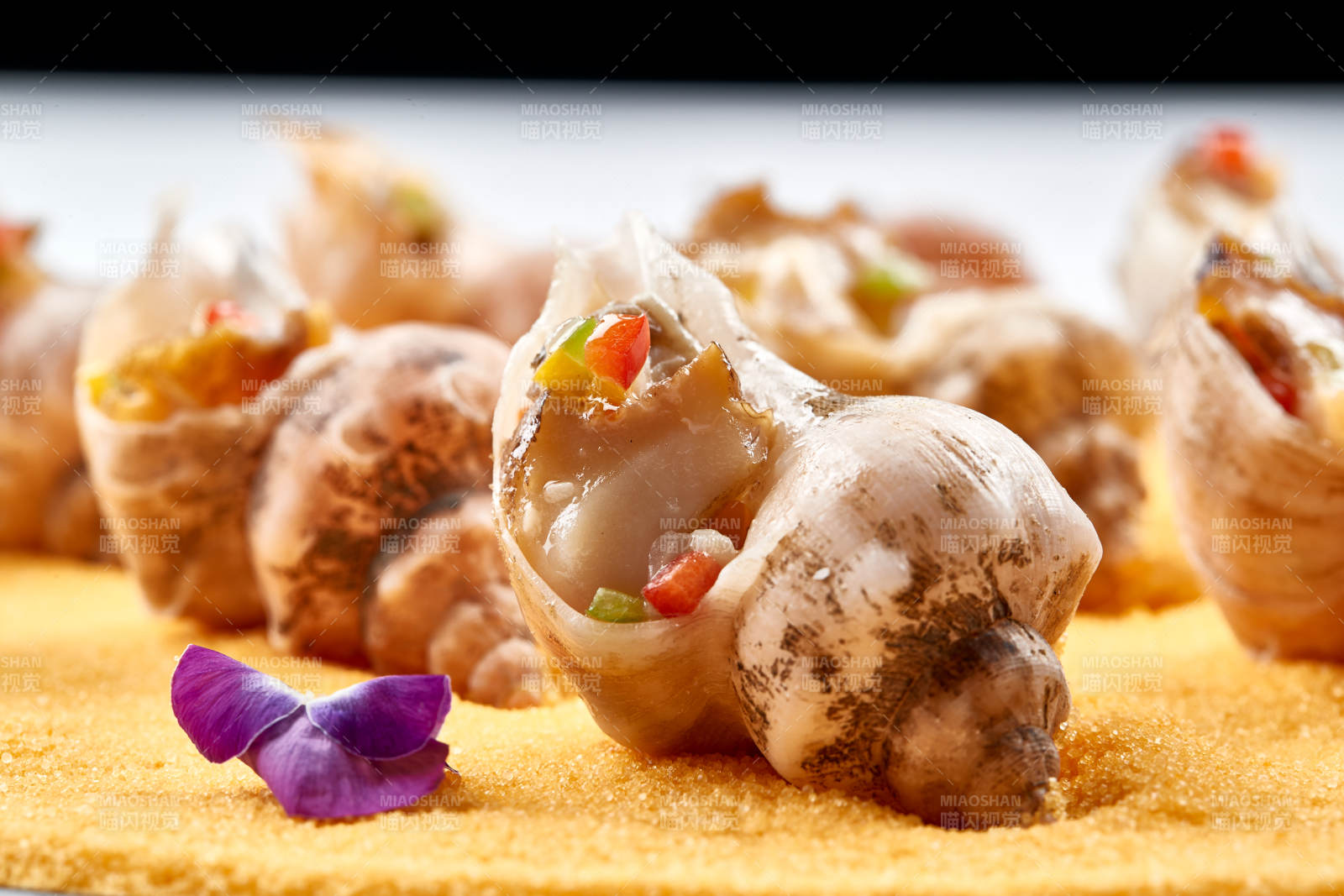 精美装饰餐具装的盐烧小海螺图片