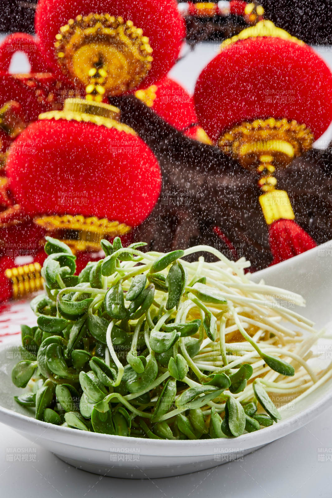 白色瓷盘装的火锅食材香椿苗图片