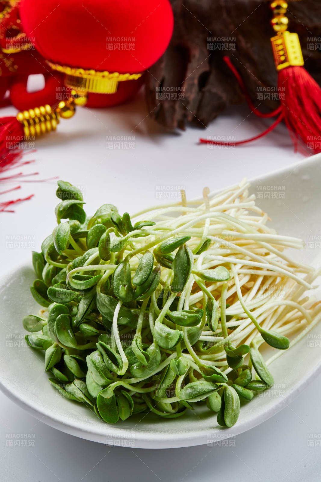 白色瓷盘装的火锅食材香椿苗图片