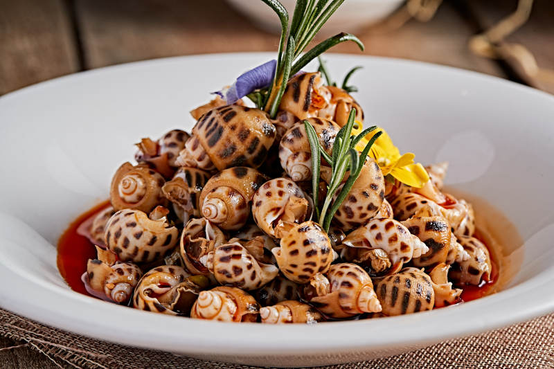 白色瓷盘装的红油腌渍小花螺图片