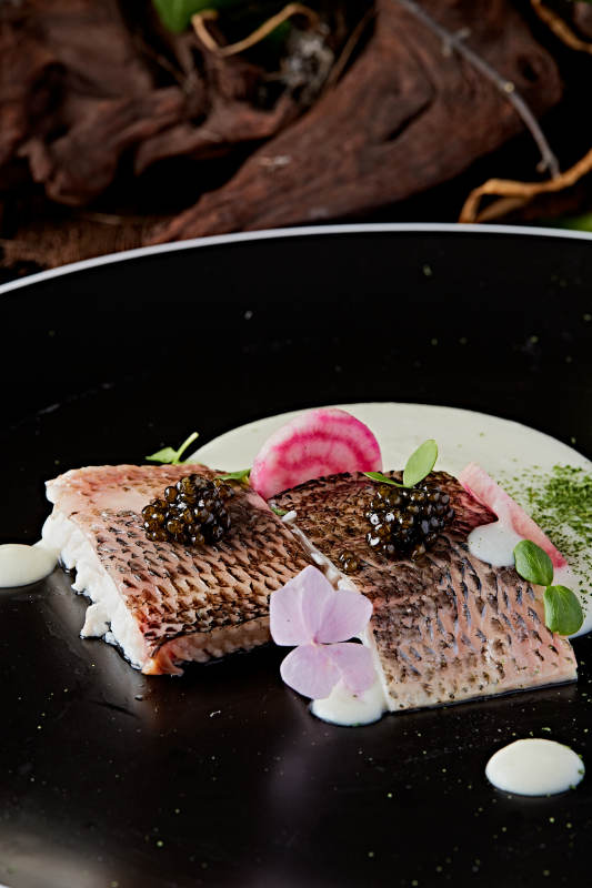 位菜香烤海鲈鱼配黑鱼子酱图片