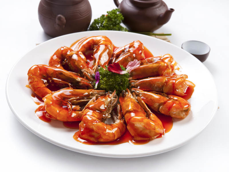 浇汁油炸开背大明虾图片