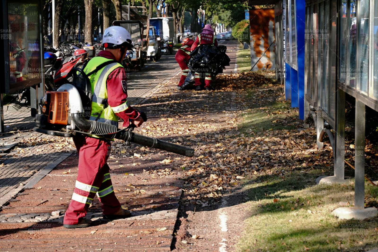环卫工人清扫落叶图片