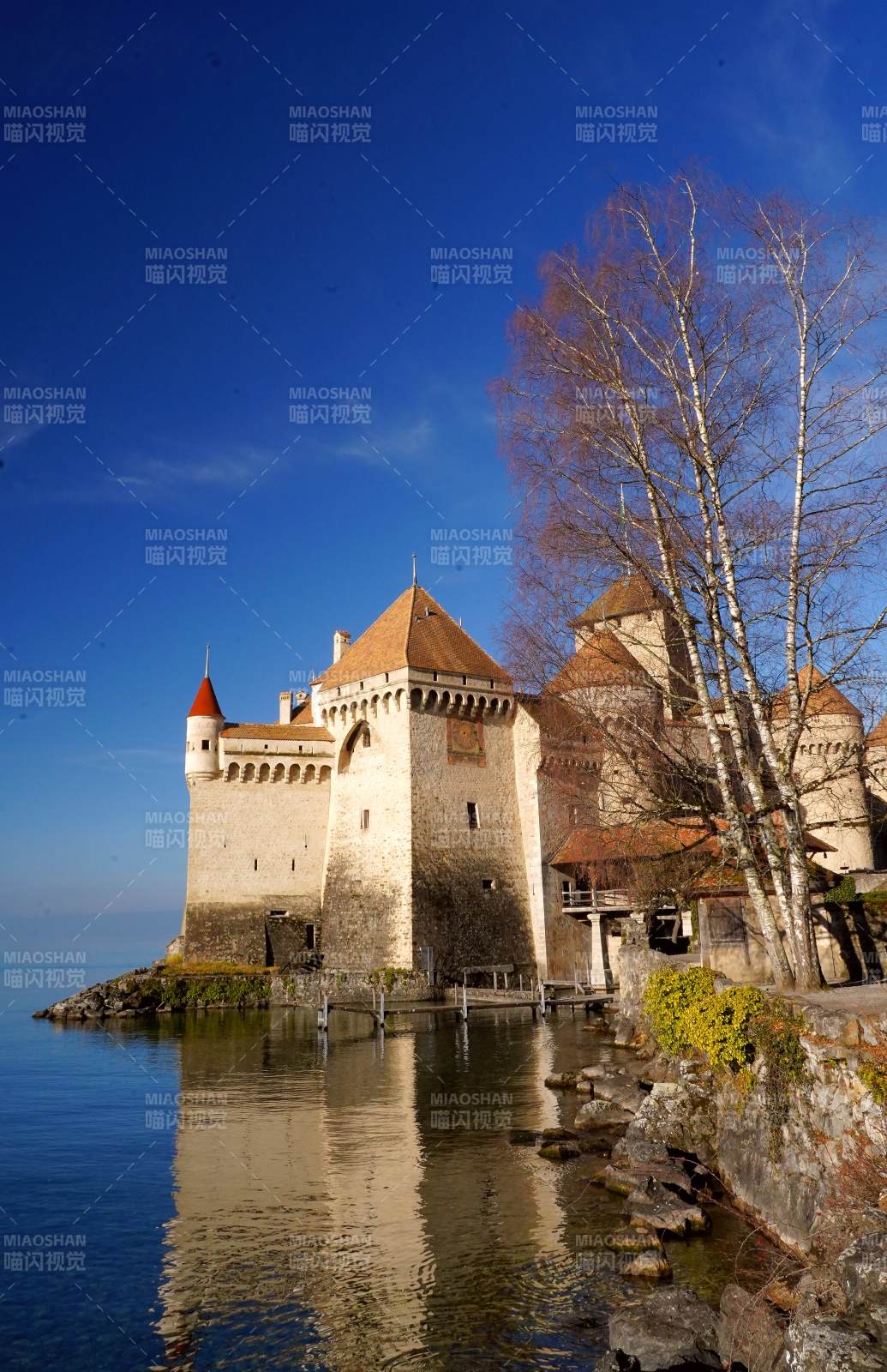 日内瓦湖畔西庸城堡倒影图片