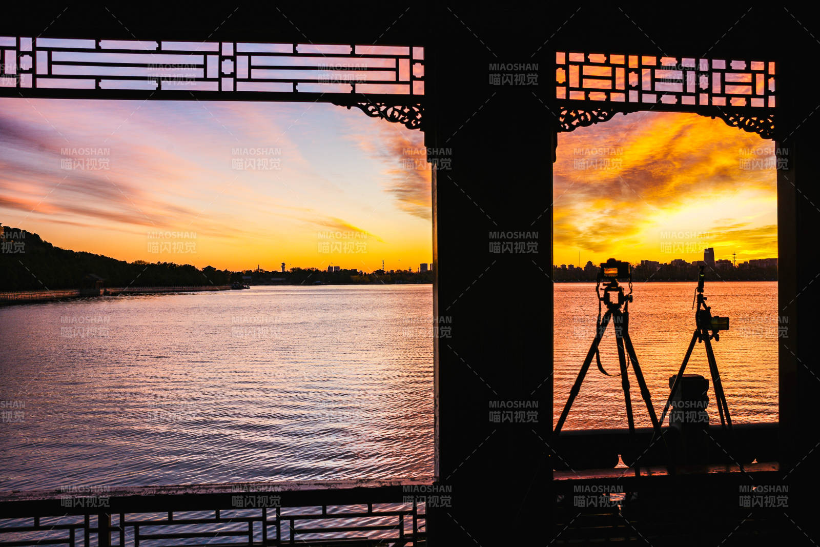 颐和园昆明湖夕阳剪影图片