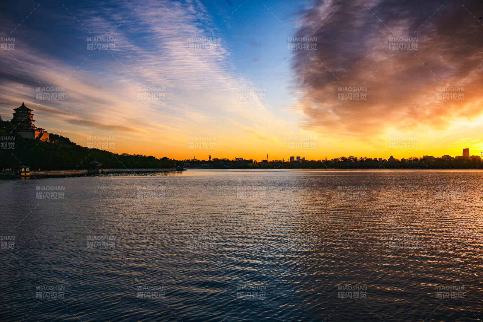 颐和园昆明湖夕阳映古城图片