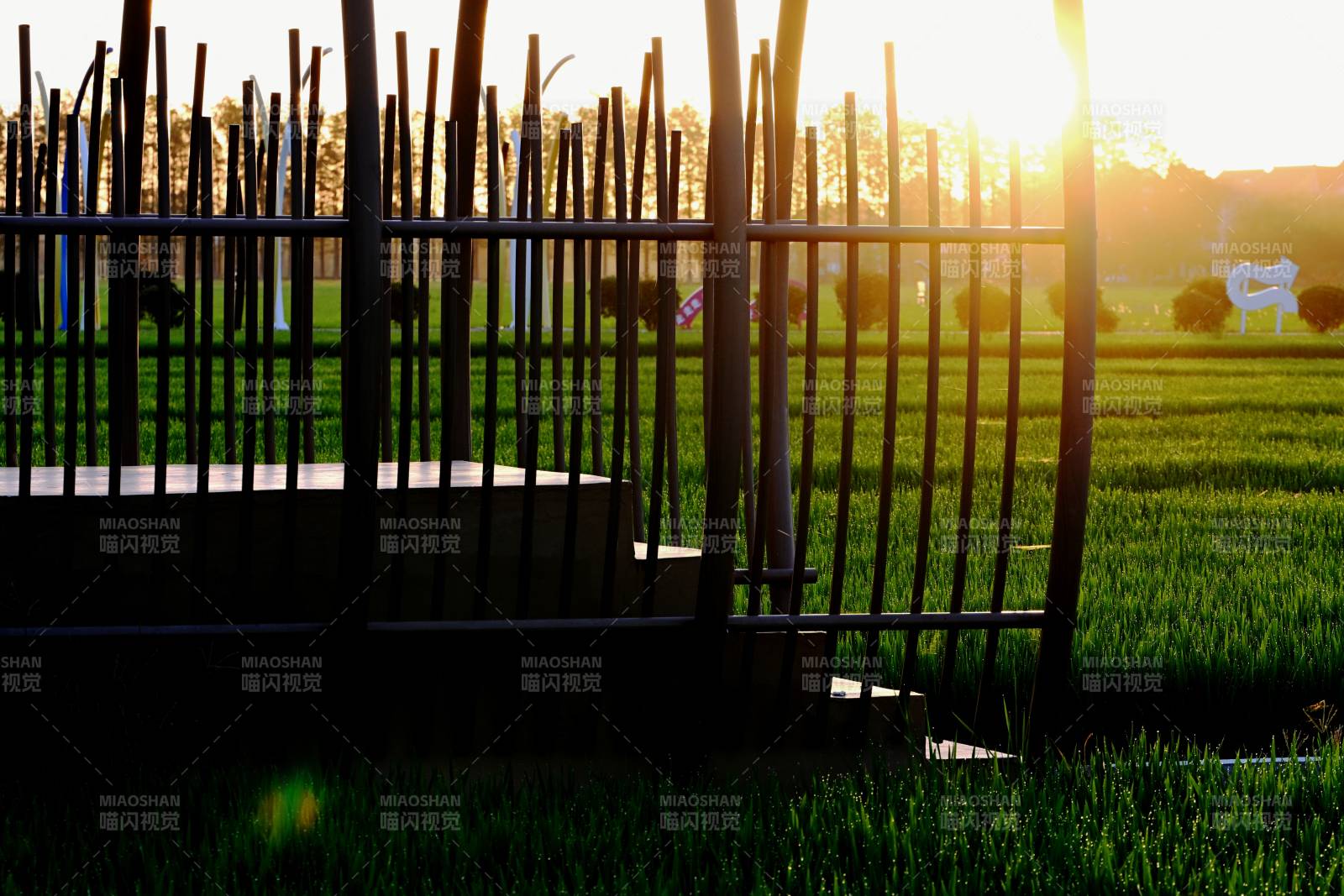 夕阳下的铁栅栏图片