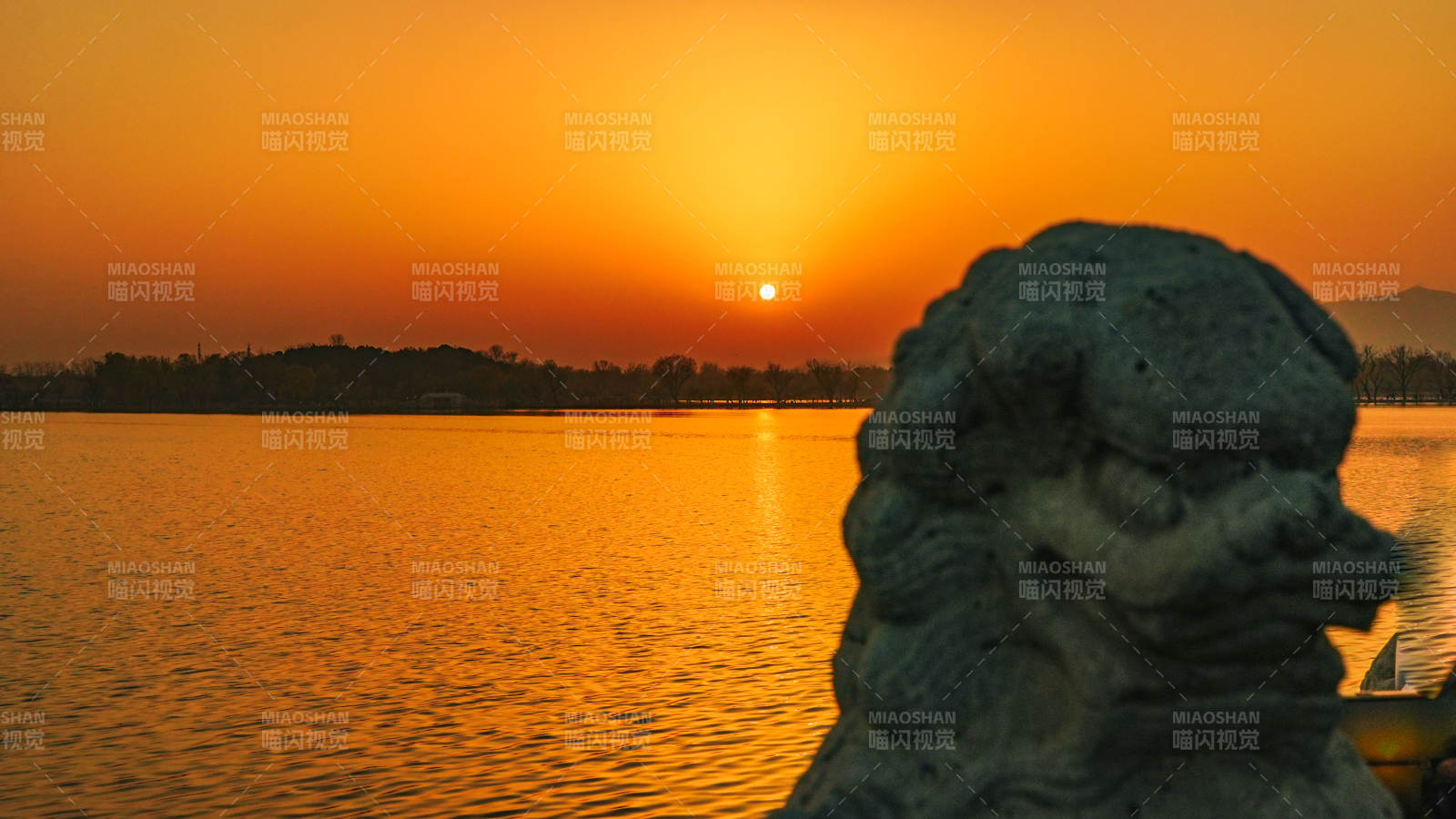 颐和园夕阳下的石狮图片