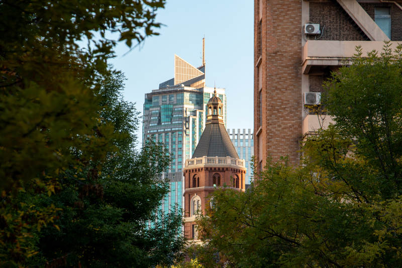 天津解放北路城市绿影中的塔楼图片