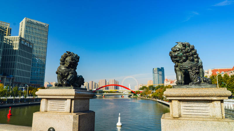 天津城市河畔铜狮雕像图片