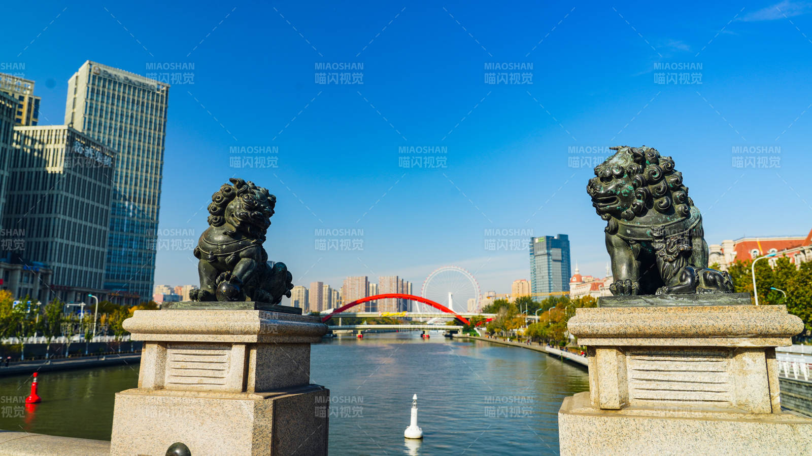 天津城市河畔铜狮雕像图片