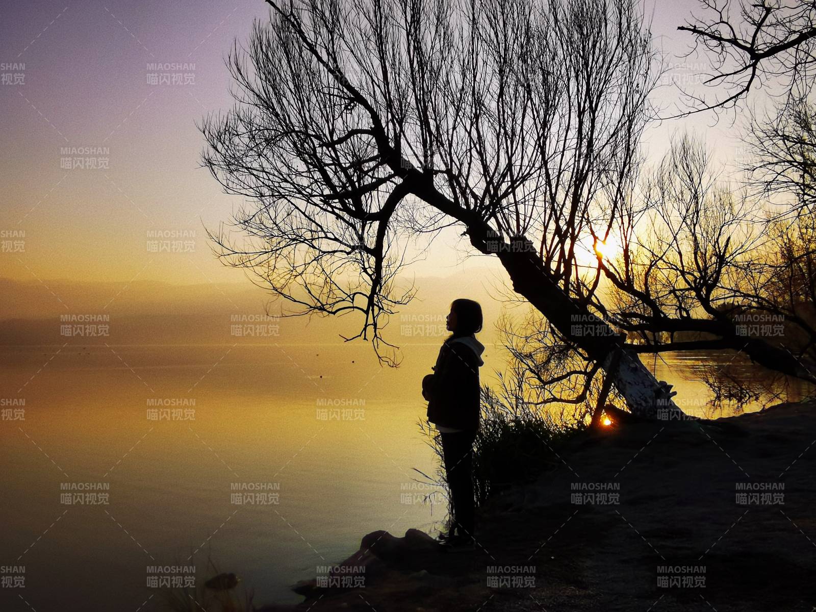 湖畔剪影黄昏时图片