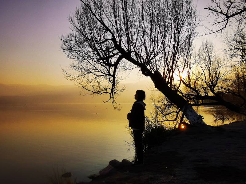 湖畔剪影黄昏时图片