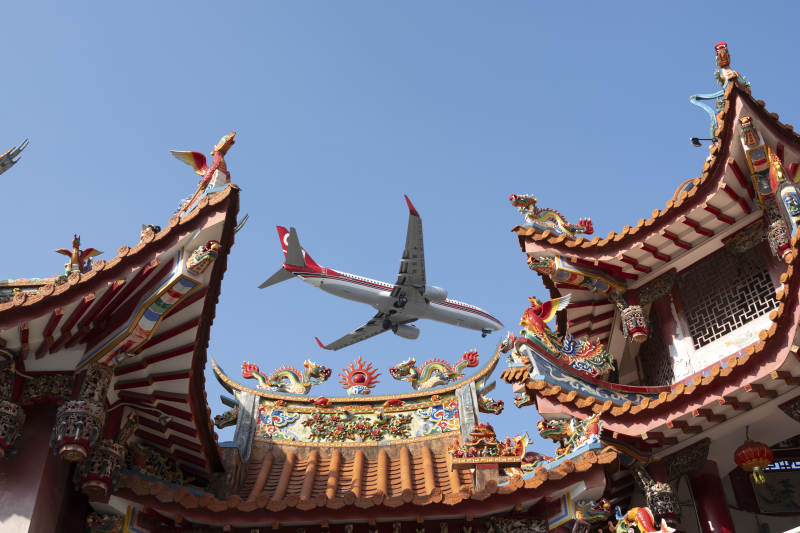 飞机飞越朝天宫庙宇屋顶图片