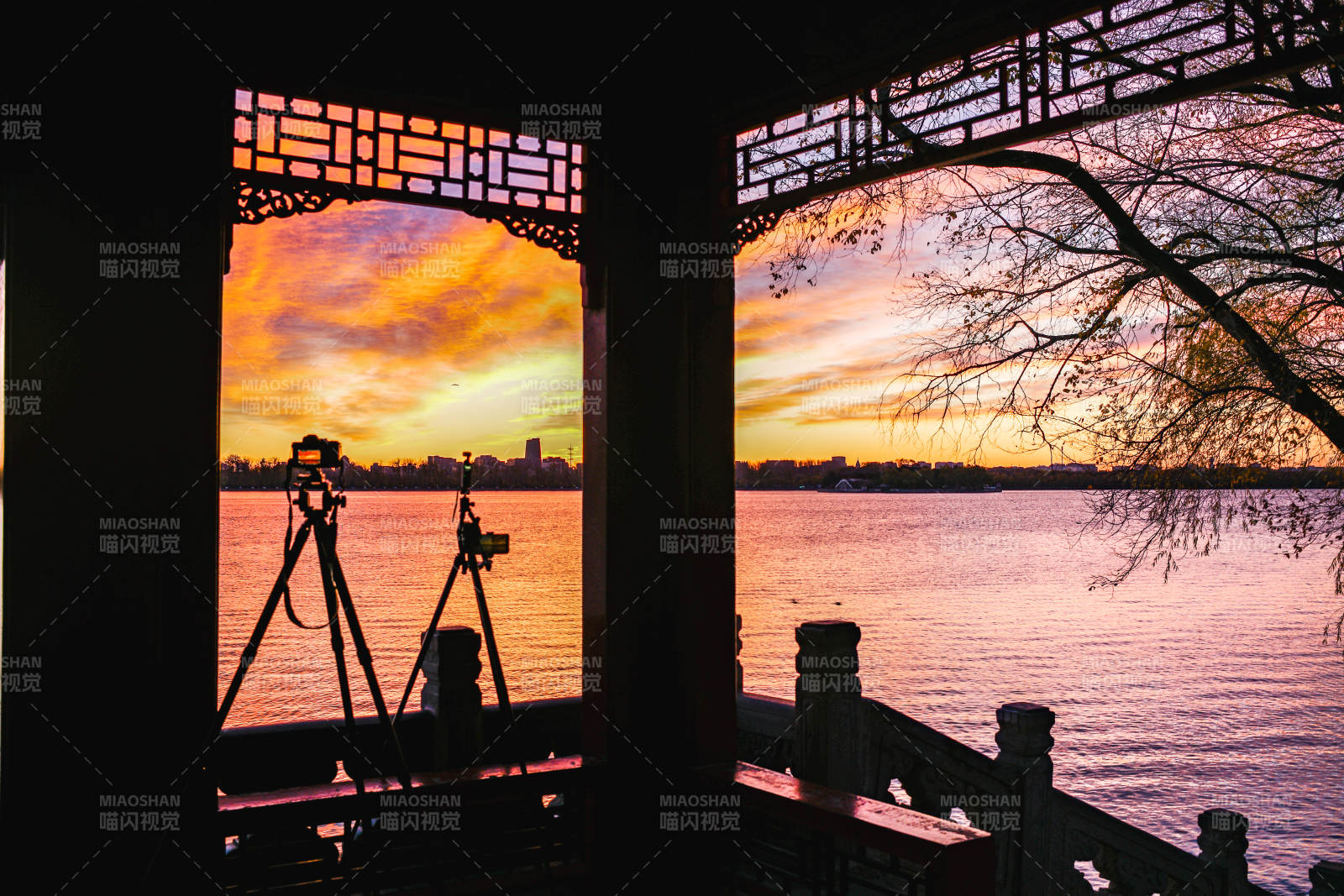 湖畔夕照剪影图片