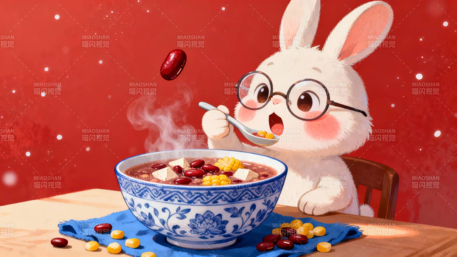 兔兔吃热粥图片