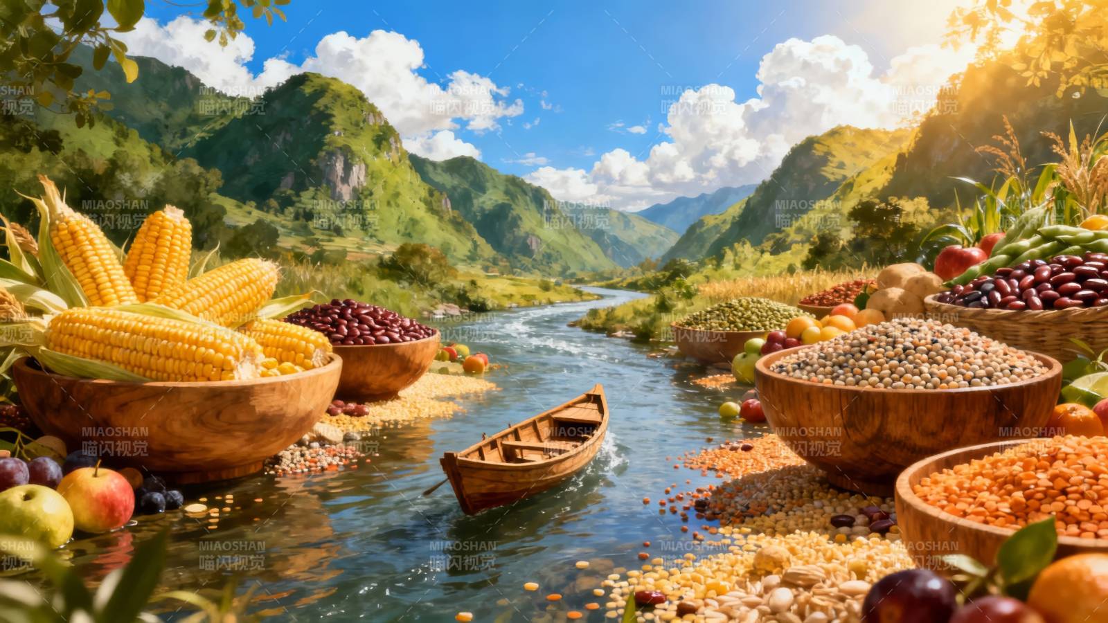 丰收山水画图片