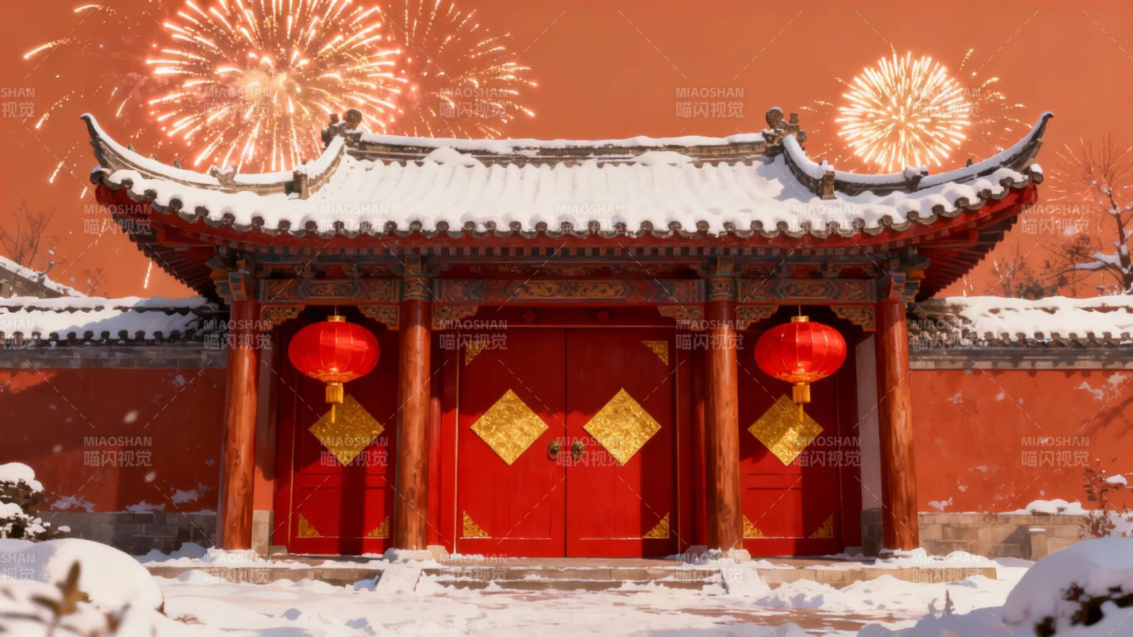 雪中古庙迎新春图片