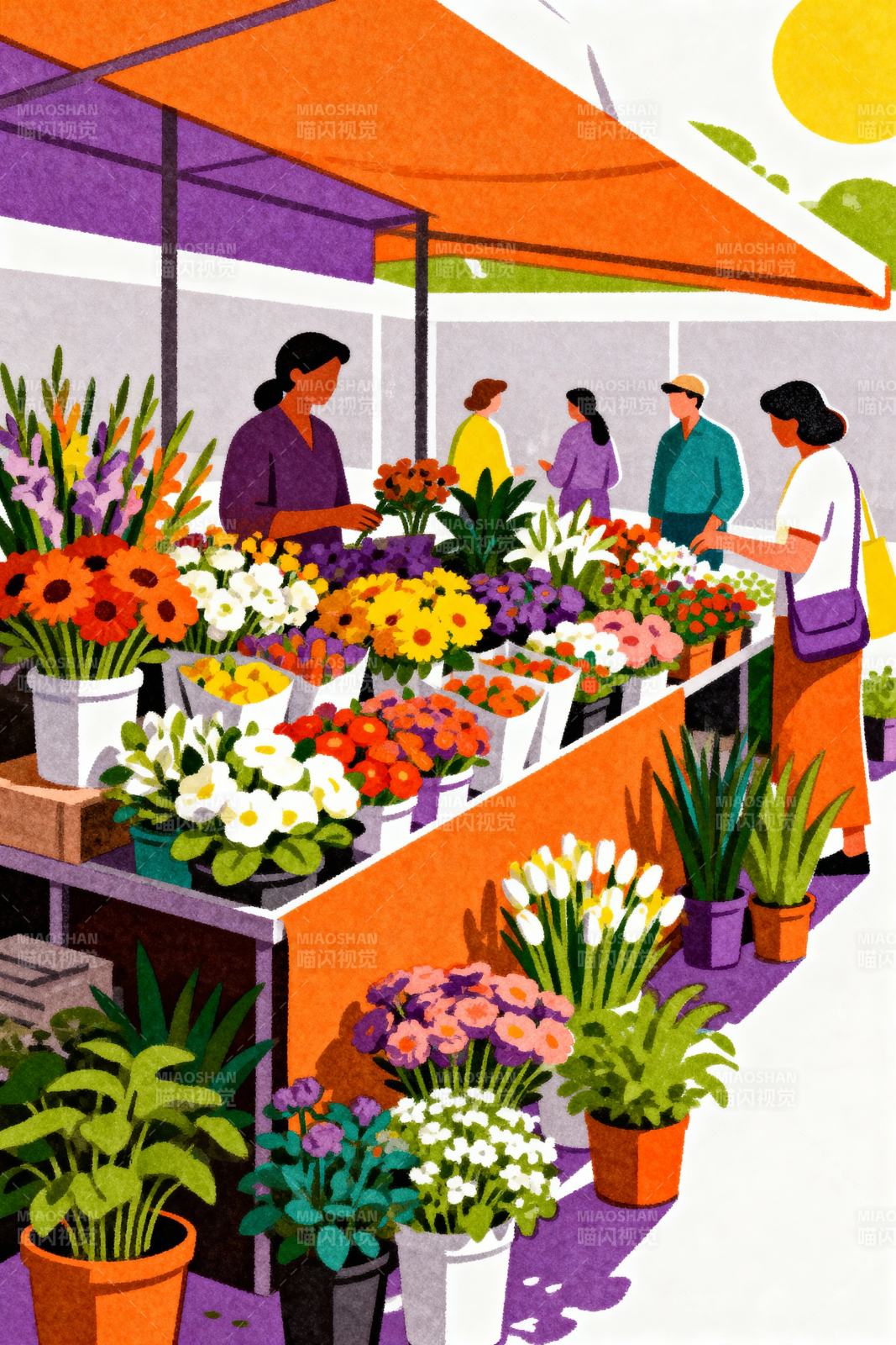 花市一角摊位特写插画图片