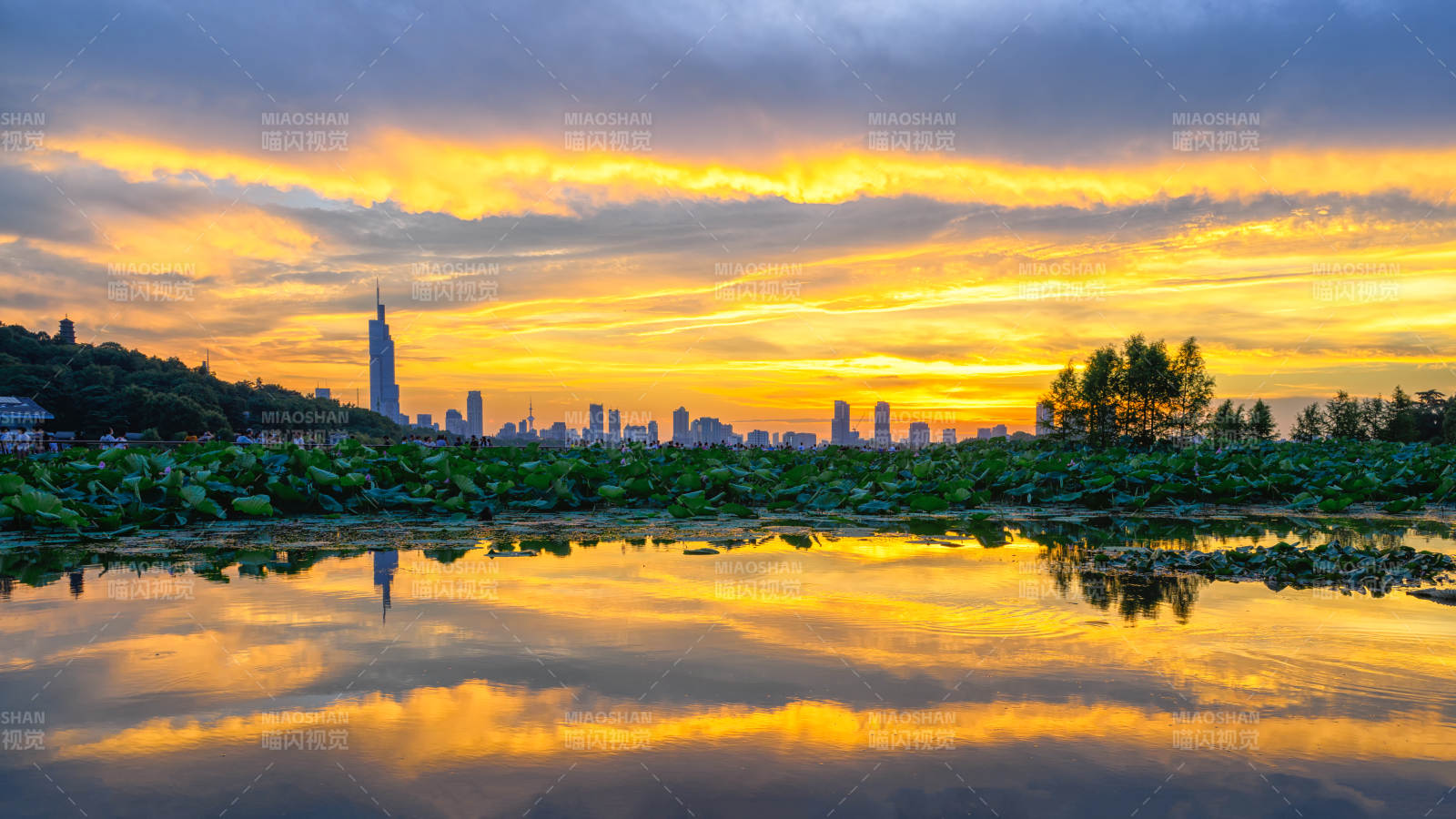 南京玄武湖城市黄昏倒影图片