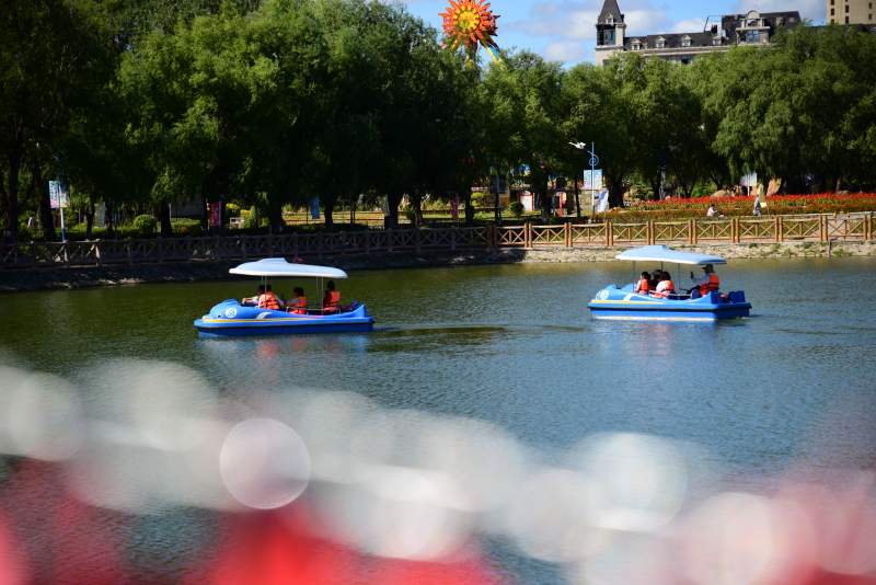 湖上划船乐融融图片