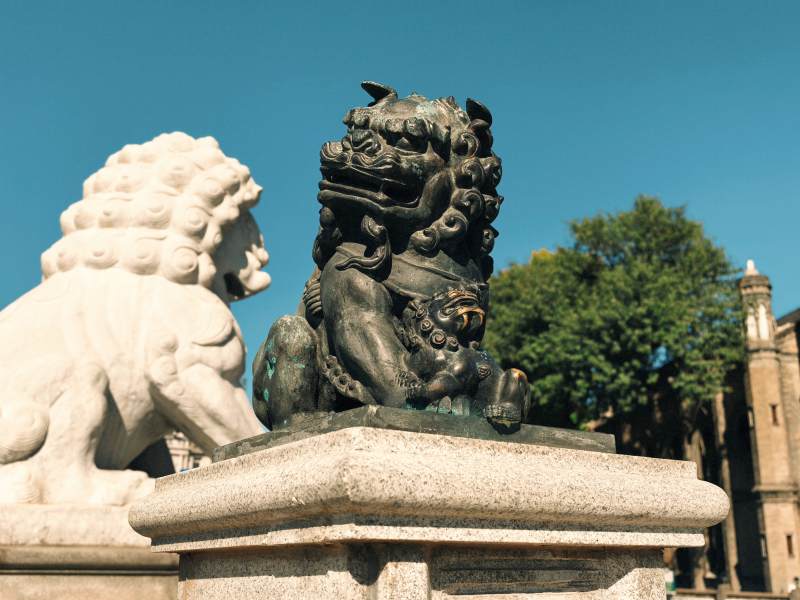 石狮守护古建筑图片