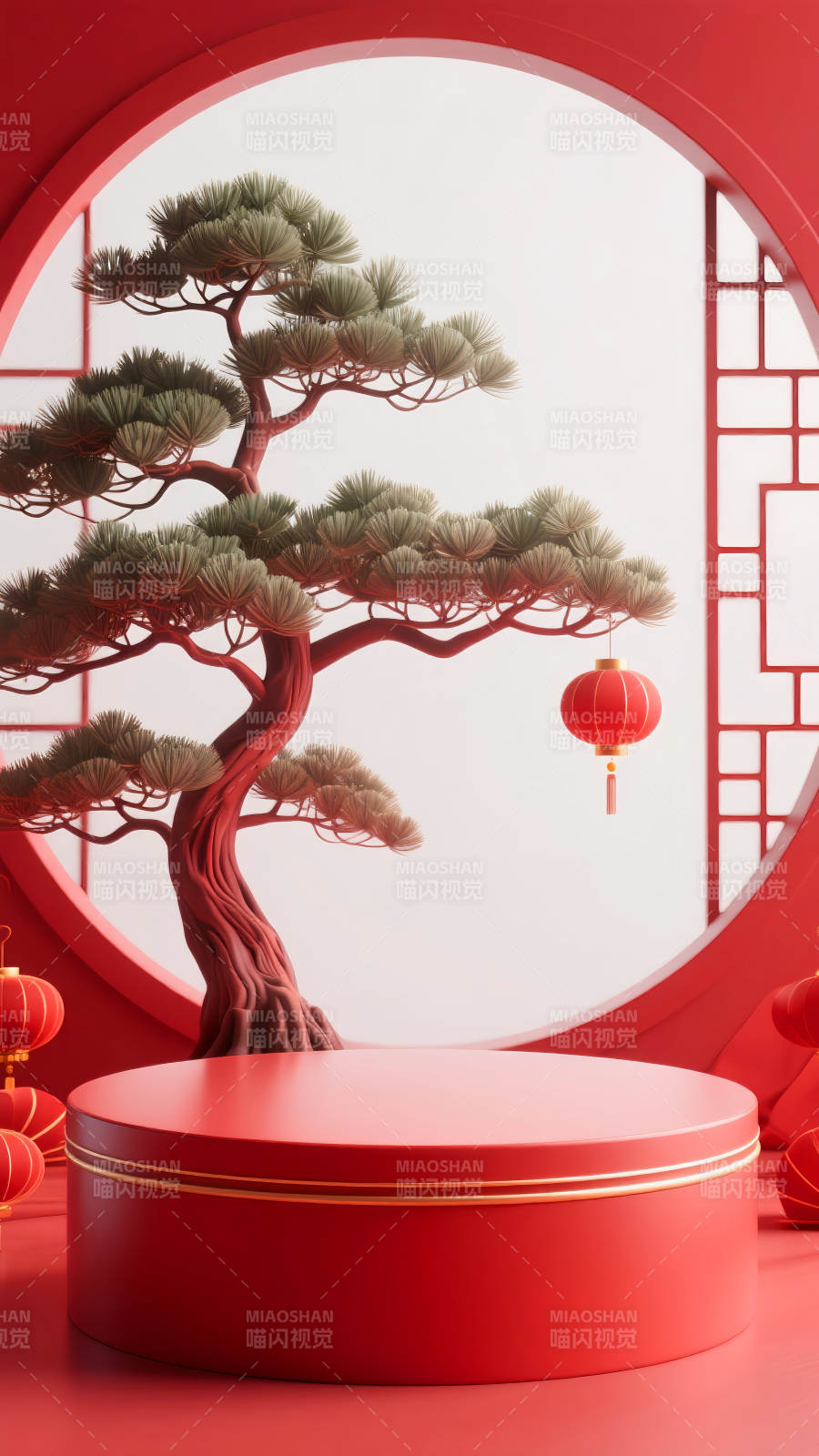 红韵松影迎春电商场景图图片