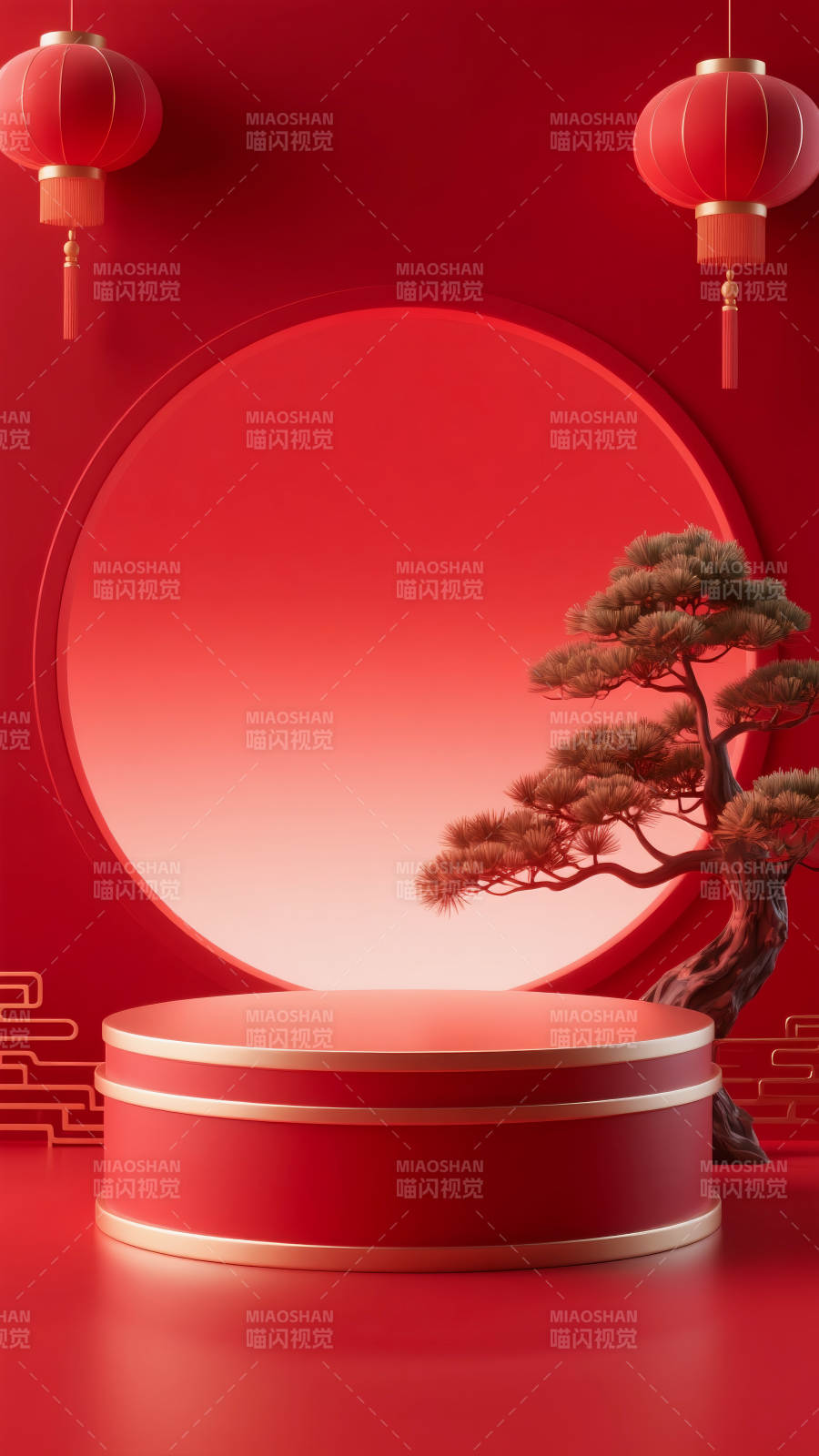 红韵迎春松影映月电商场景图图片