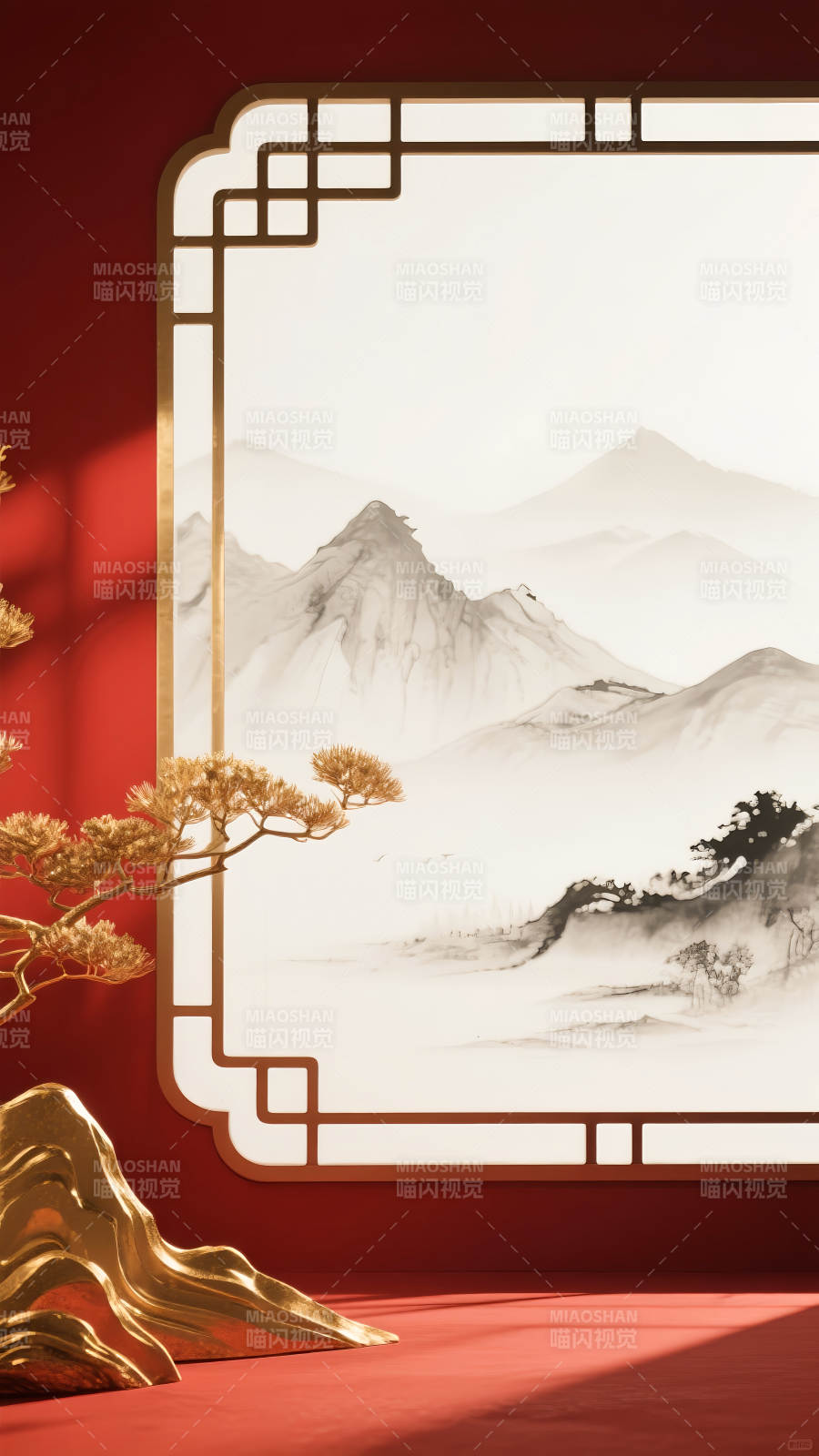 红金中式山水画意境图图片