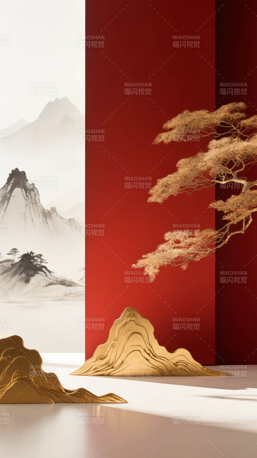 红金中式山水意境图图片