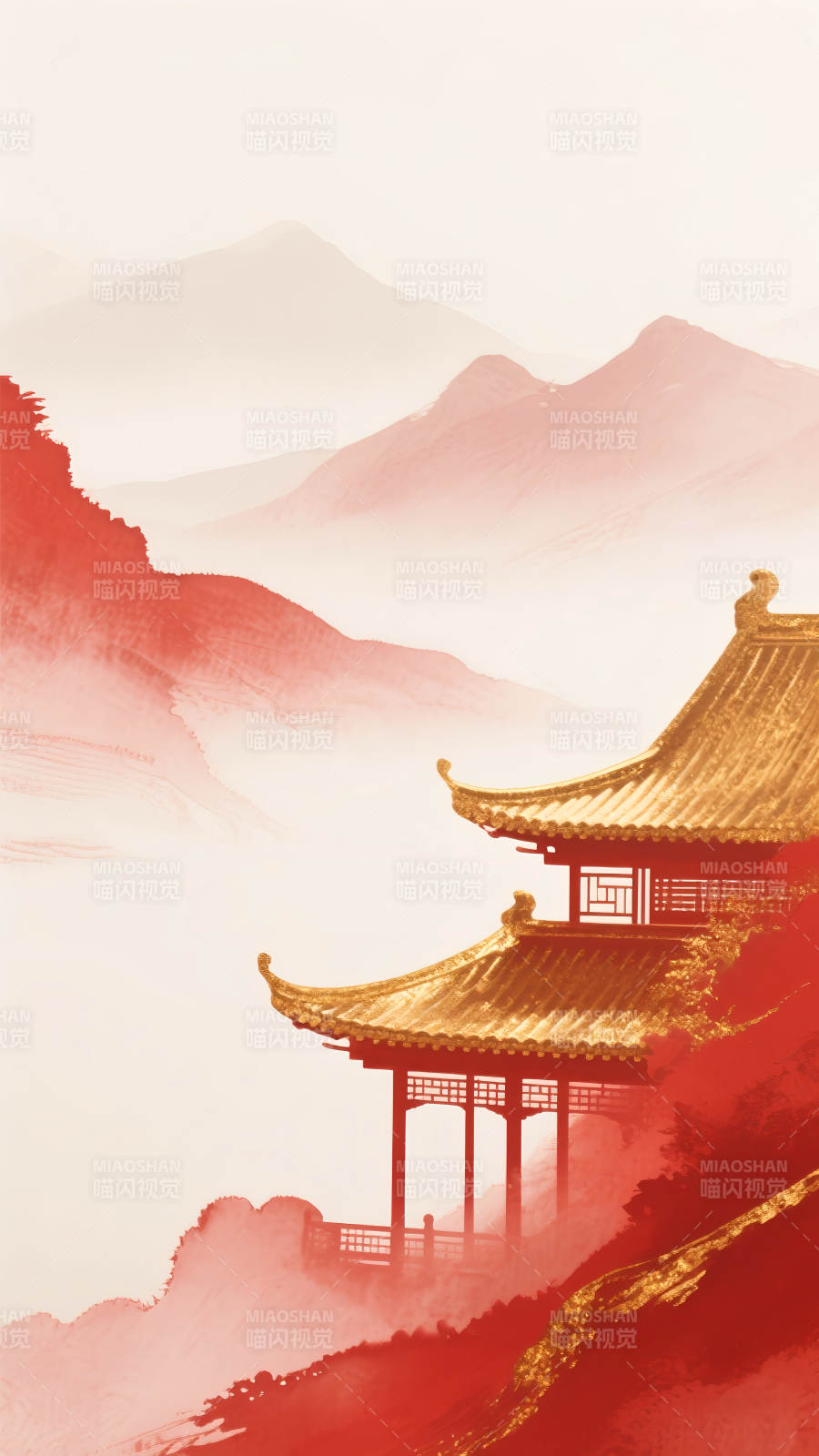 红金水墨山水楼阁图图片