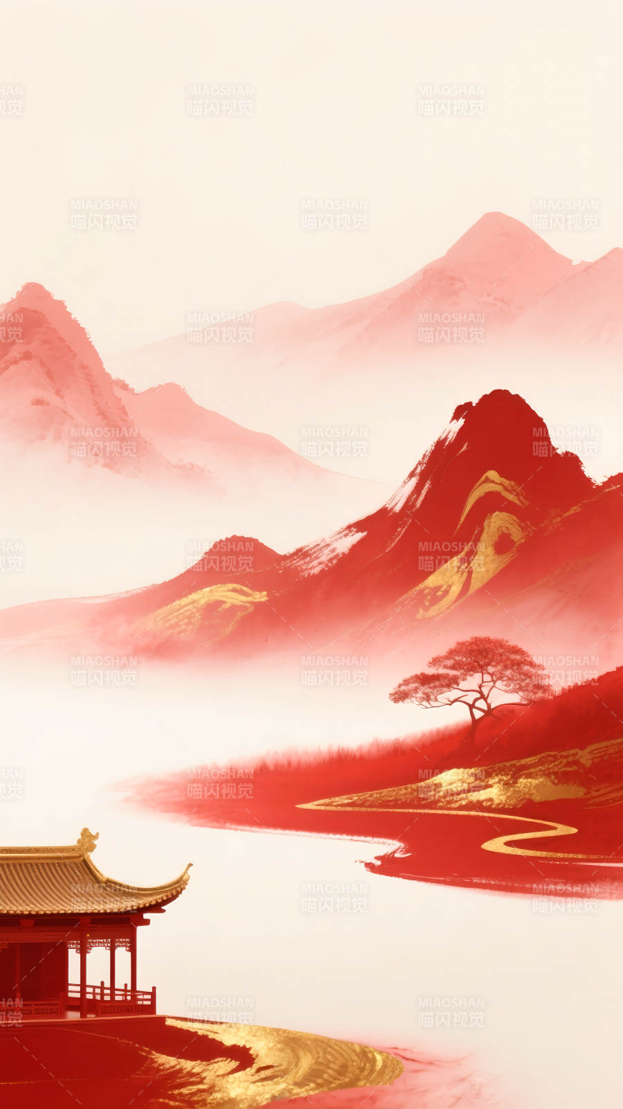 红金高级山水红韵插画背景图片