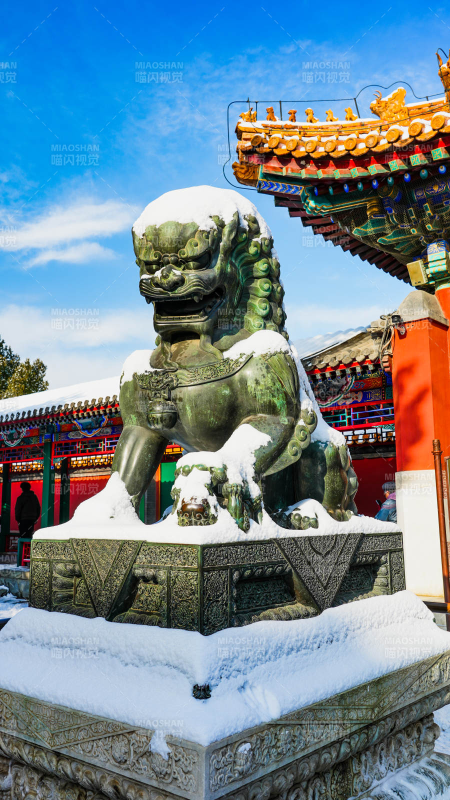 颐和园雪覆石狮守古殿图片