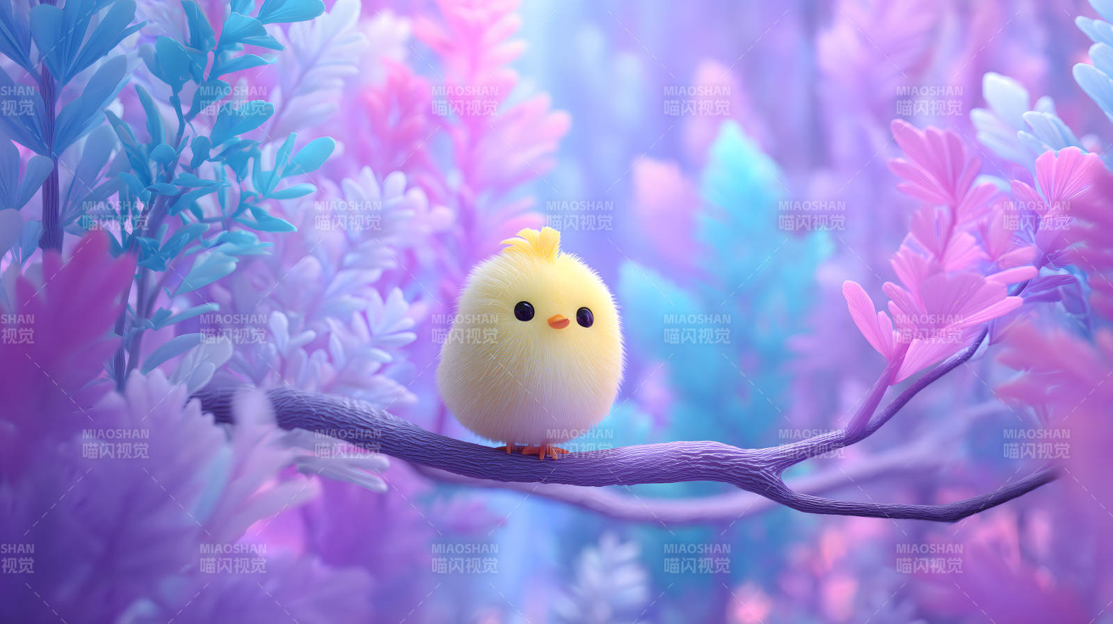 可爱小鸡栖息在树枝图片