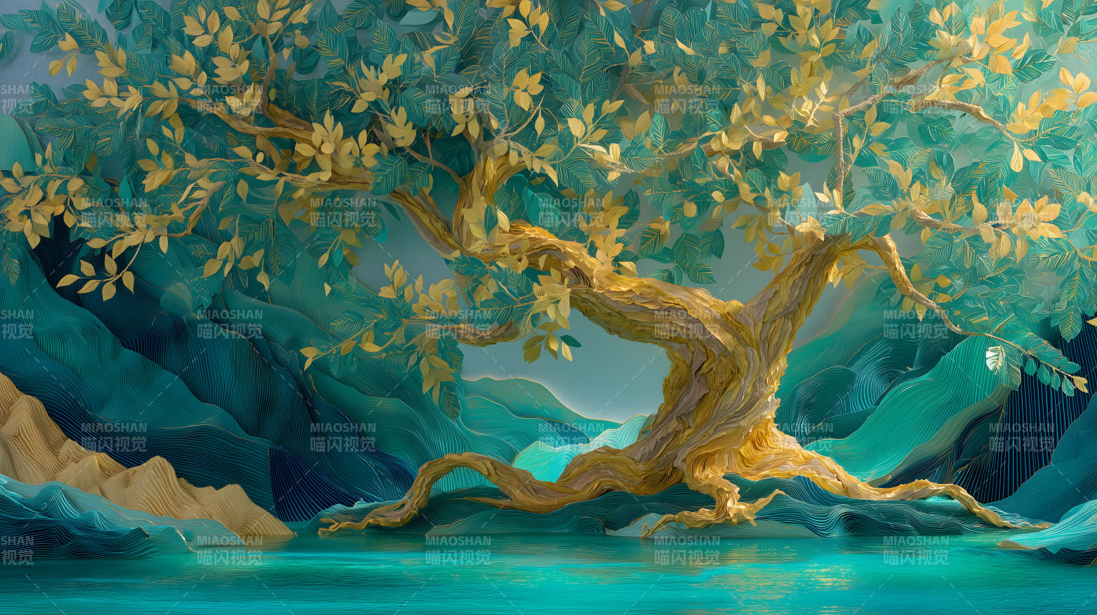 金色树木与湖泊图片