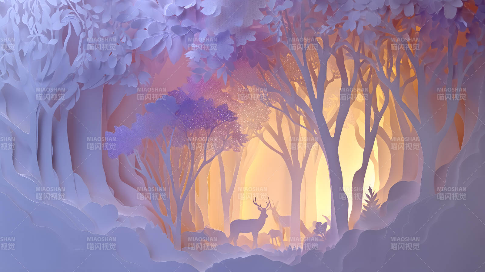 纸雕森林中的鹿群图片