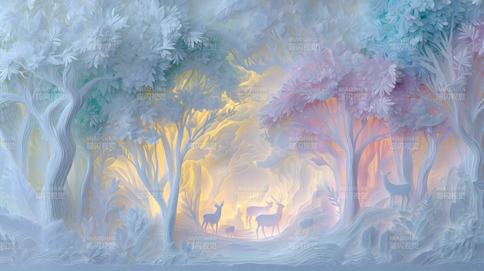 梦幻森林剪纸艺术场景图片