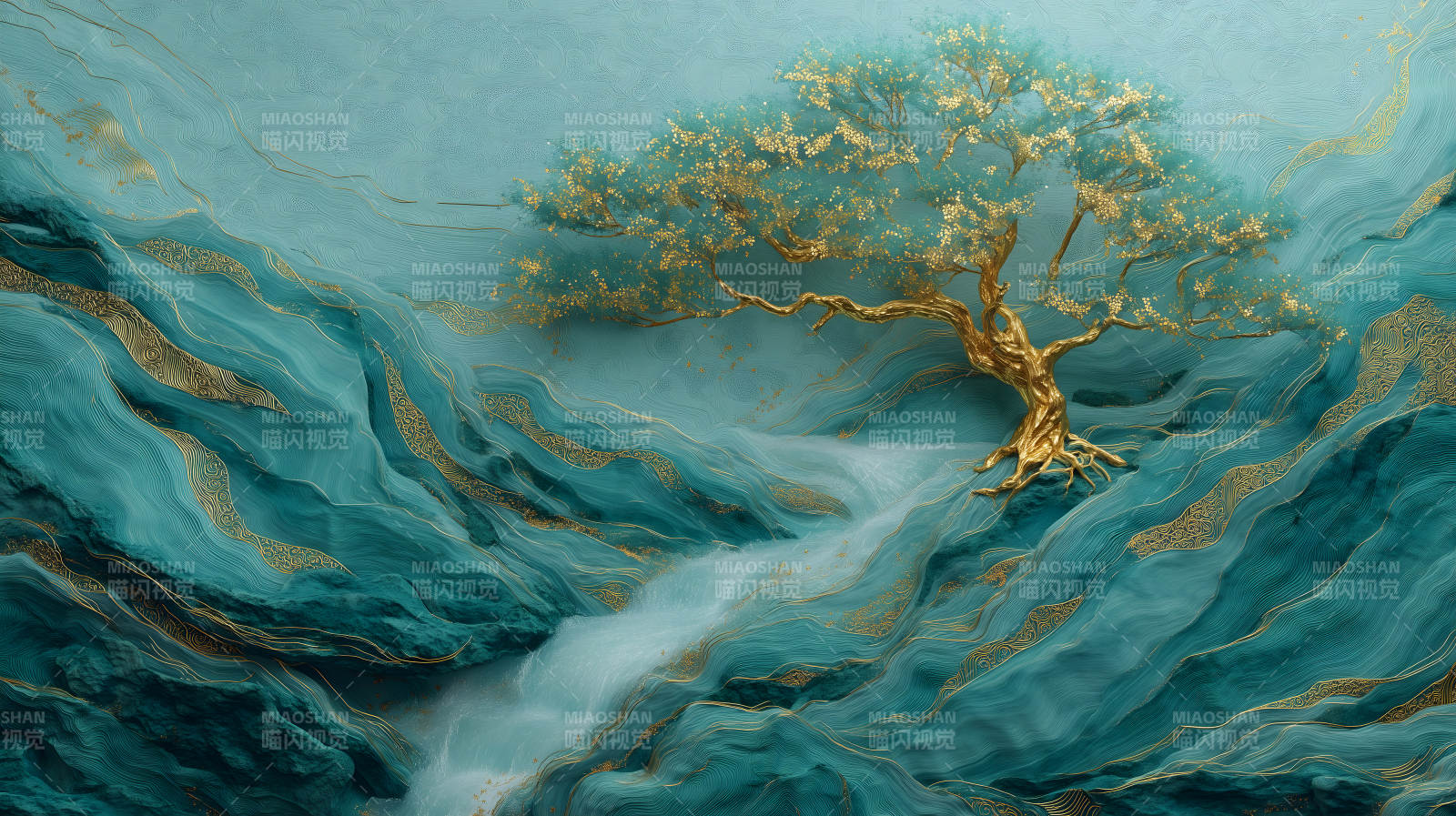 金色树木蓝色山川图片