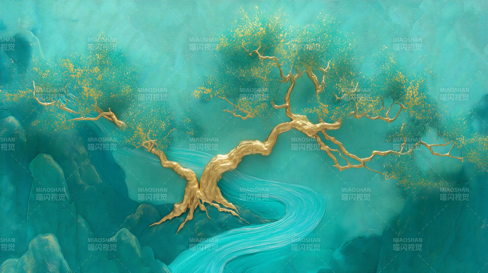 金色树木环绕流水风景图片