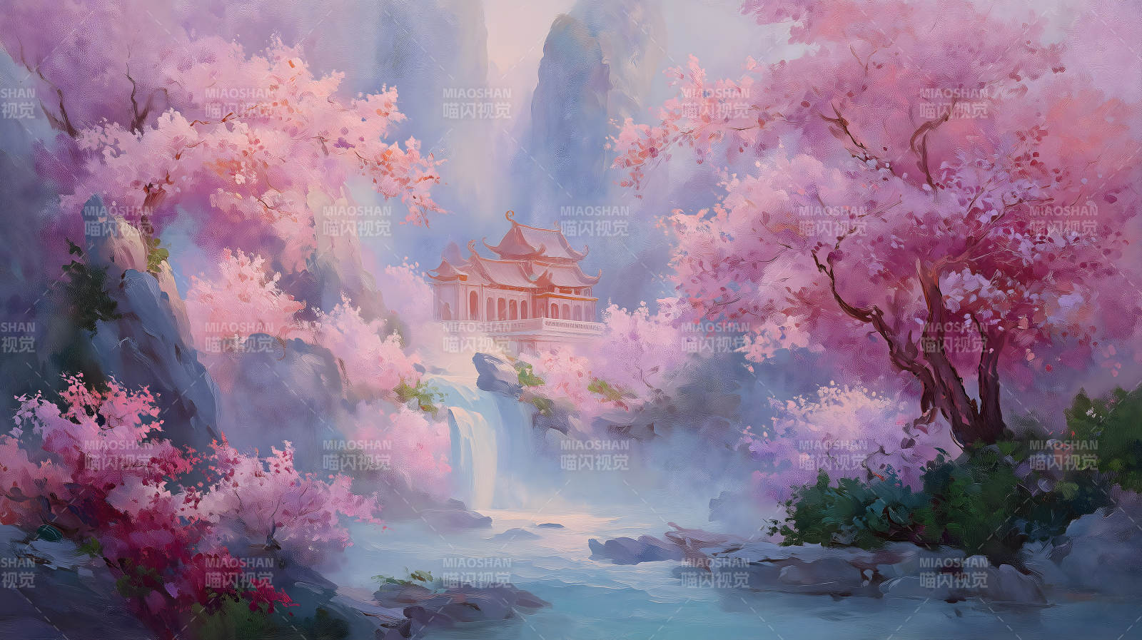 粉色樱花掩映下的东方庭院图片