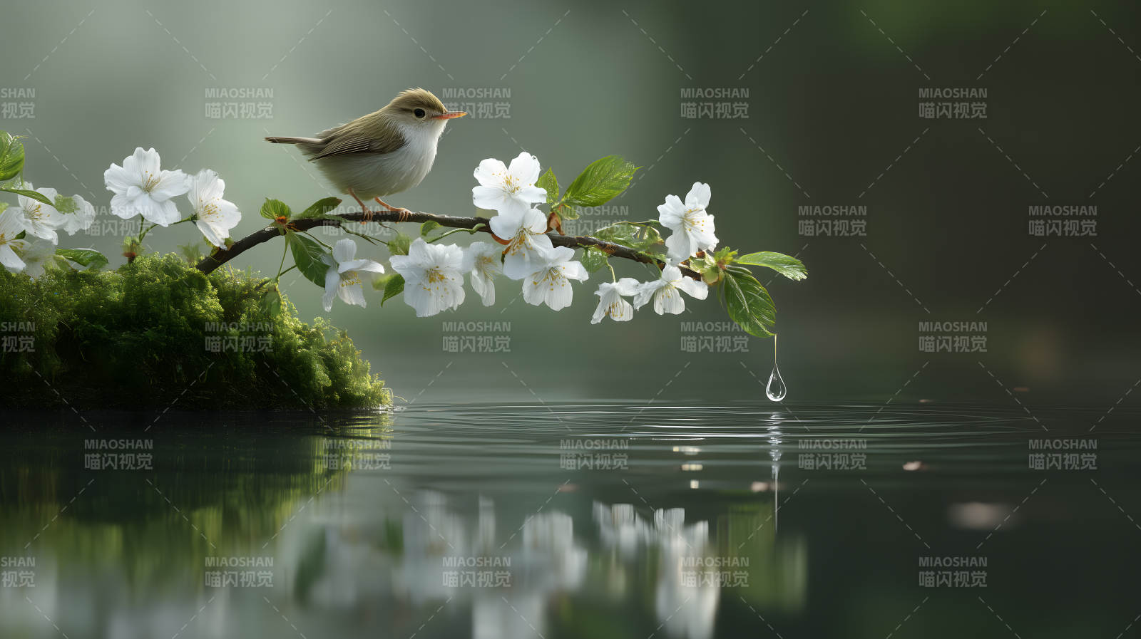鸟儿枝头赏花滴水图片