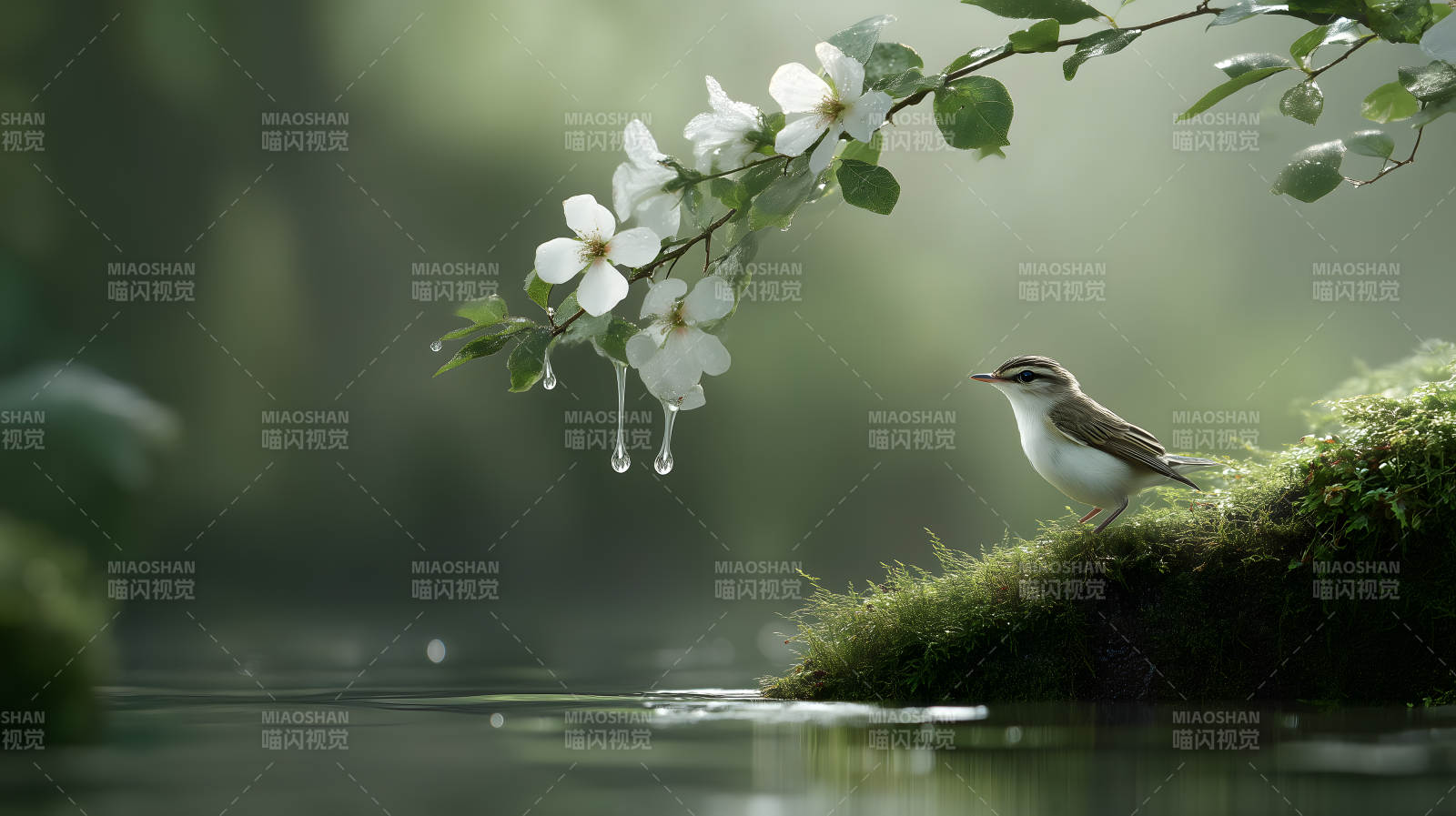 雨后鸟憩花枝图片