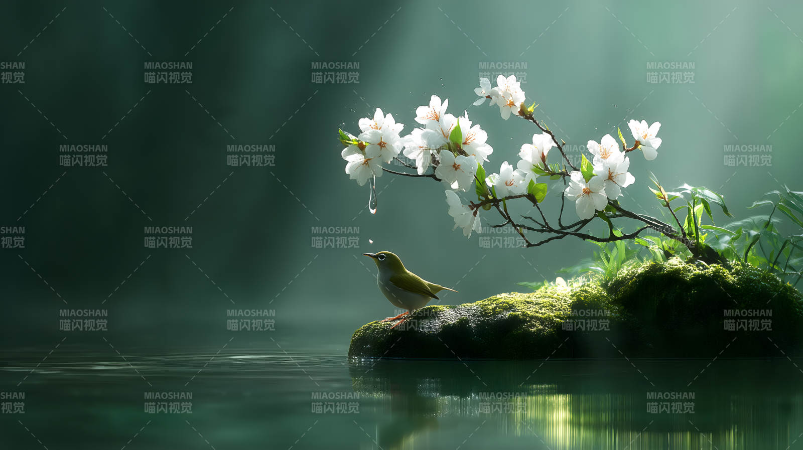 鸟儿花枝傍水而憩图片