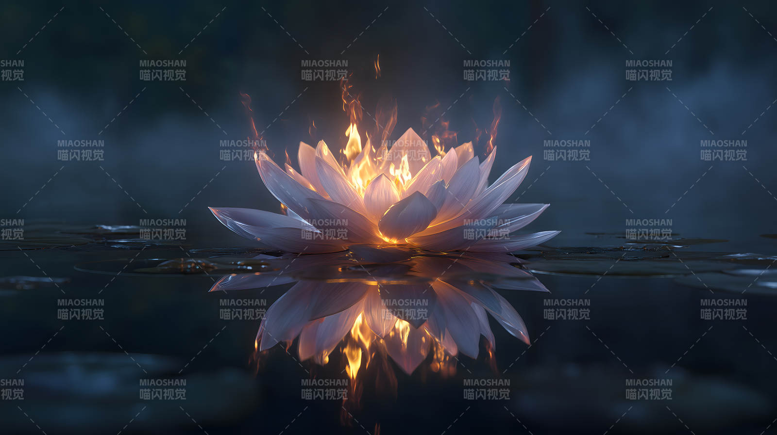 燃烧的莲花水中倒影图片