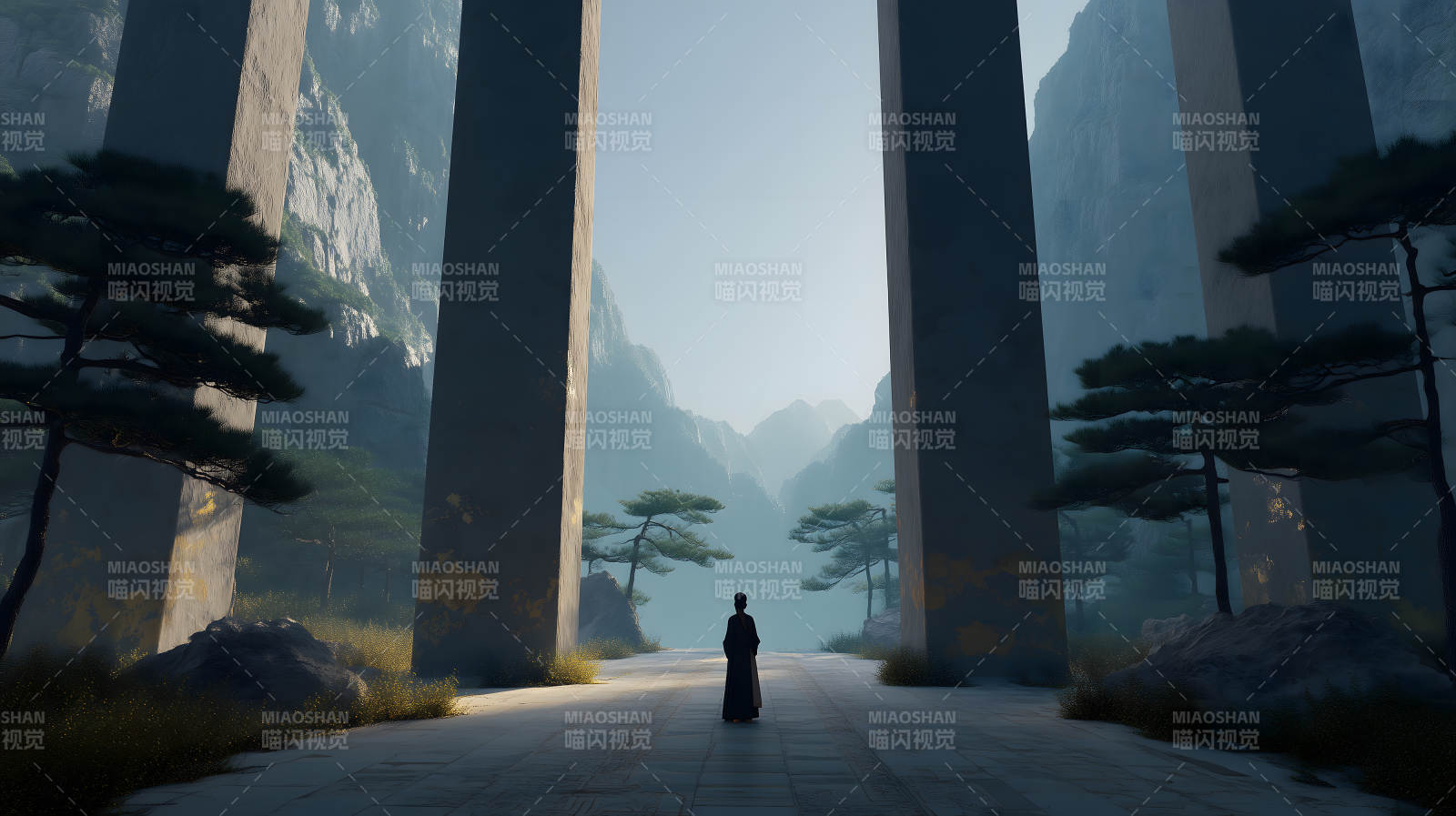 山间巨柱伫立一人图片