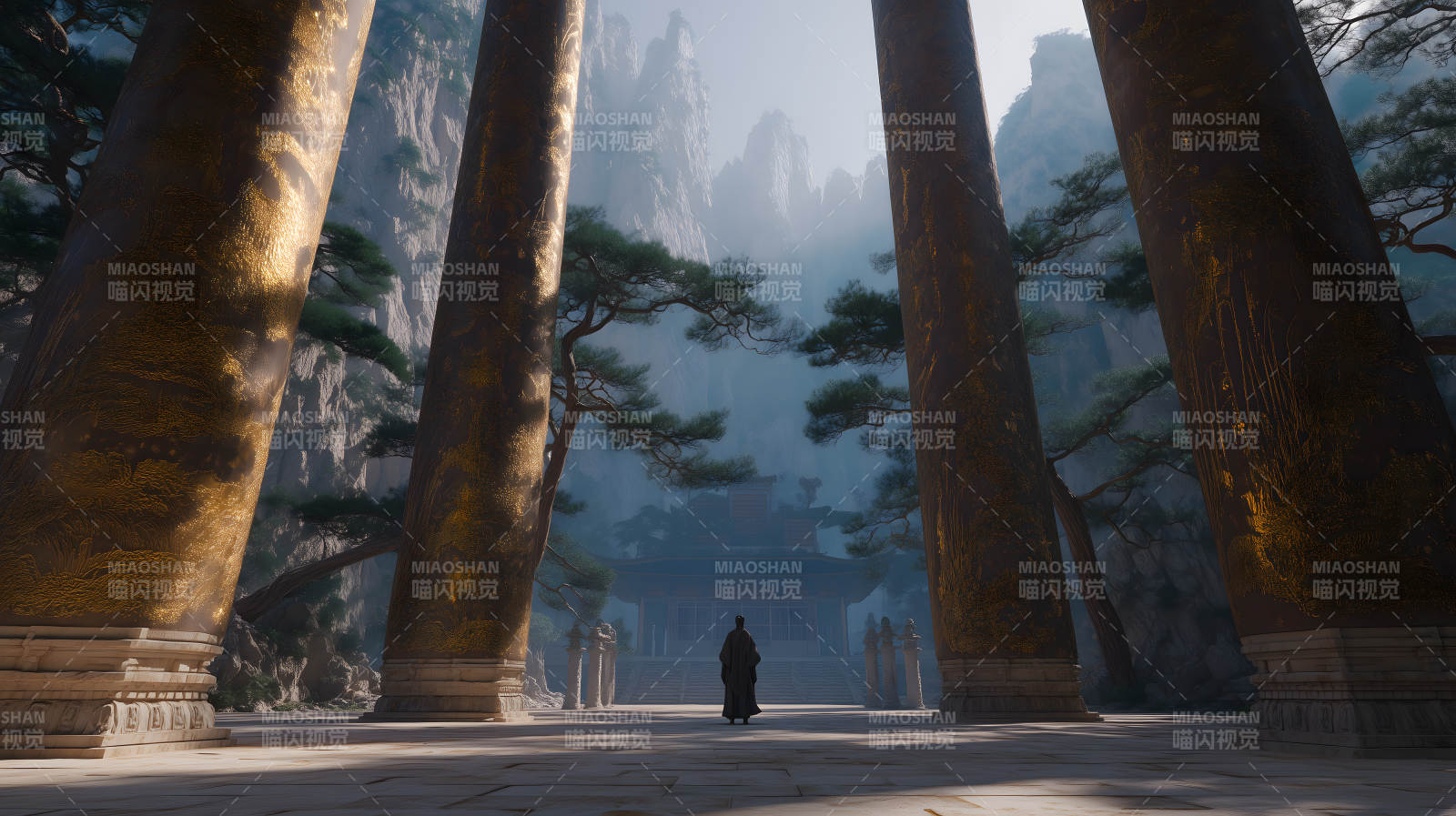 宏伟寺庙与孤独身影图片