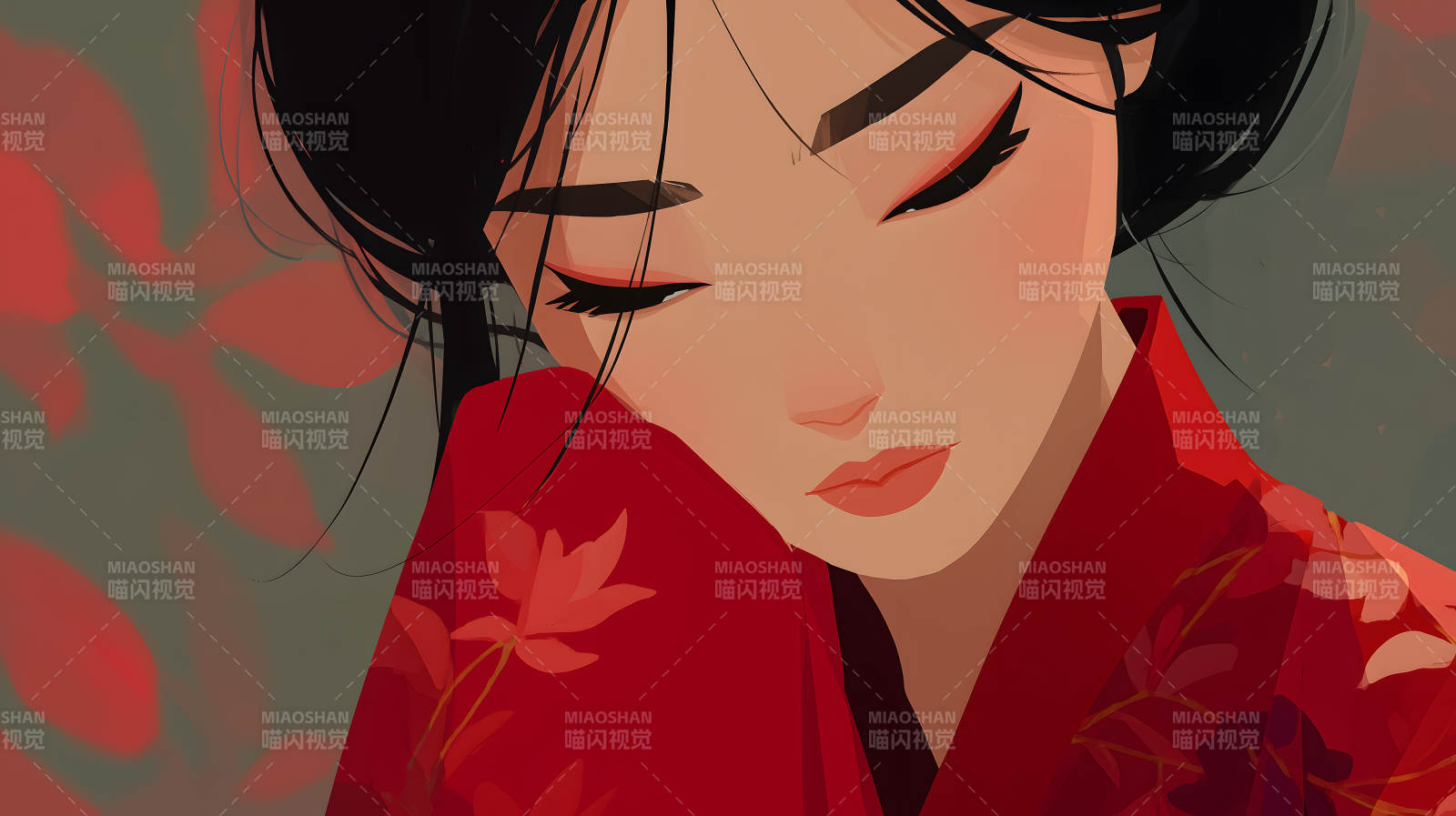 红衣女子低头沉思图片